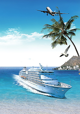 大气海滩椰树邮轮飞机海报背景设计
