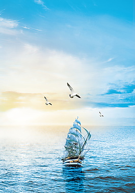 清新海上帆船海鸥海报背景设计