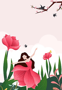 春季花丛中跳舞的花仙子女孩海报背景