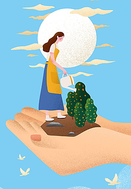 清新卡通植树节浇树原创插画海报