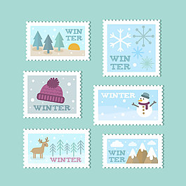 蓝色冬季雪地主题邮票图案装饰
