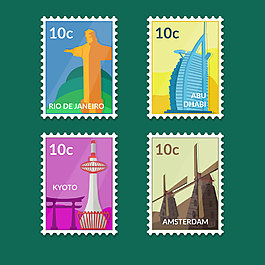 4款卡通标志性建筑邮票EPS元素