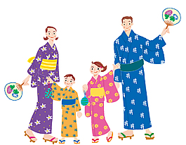 卡通穿和服一家人矢量元素