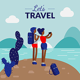 卡通海边旅游情侣人物元素