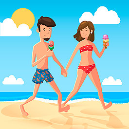 夏季海滩边吃着冰淇淋的卡通男女图案