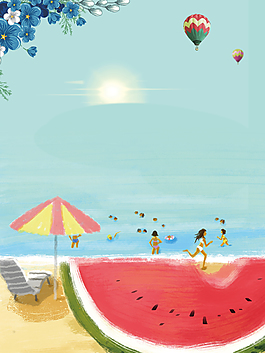 青色卡通插画夏天背景