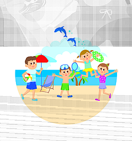 彩色卡通手绘夏季沙滩元素