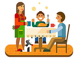 卡通扁平一家三口吃饭矢量元素