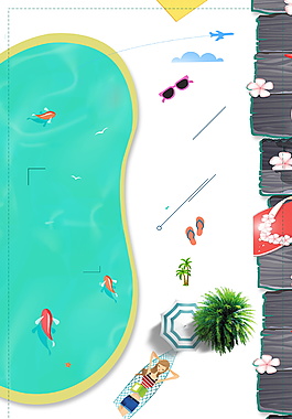 手绘海岛游泳池沙滩旅游海报背景设计