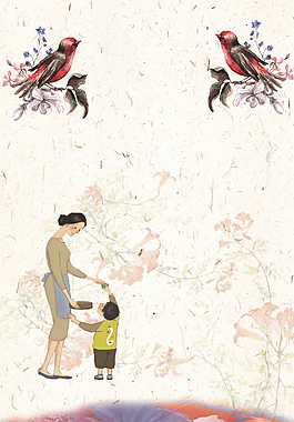 手绘母亲节两只喜鹊对唱花纹广告背景