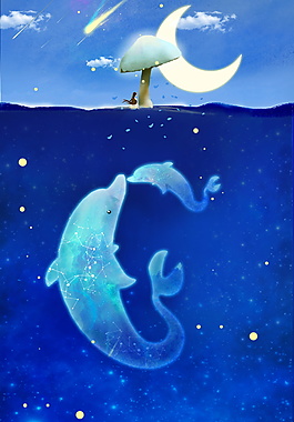 唯美蓝色海洋海豚母亲节背景素材