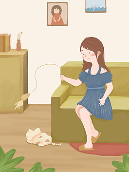 坐在沙发上逗猫咪的卡通女孩插画素材