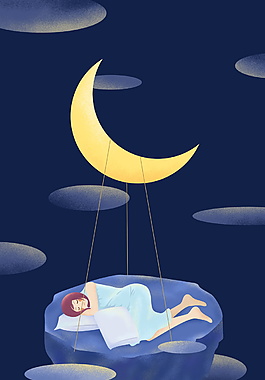 睡在月亮船上的卡通女孩海报背景图