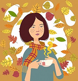 秋天美女泡茶ai矢量素材下载