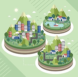 扁平环保绿色城市插画