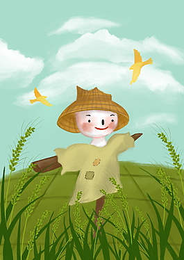 清新小满麦田稻草人海报背景设计