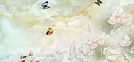 彩绘浪漫荷花鱼蝴蝶背景图