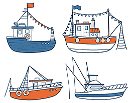 手绘四只不同形状的轮船矢量图