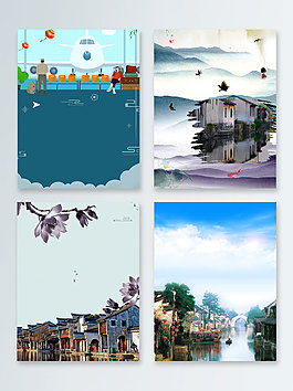 水墨卡通世界文明古迹广告背景