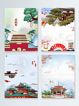 卡通宫殿中国风世界文明古迹广告背景