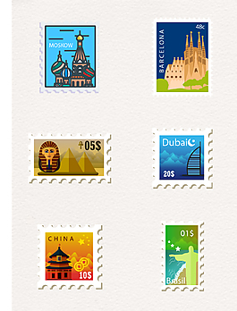 6款建筑邮票图案元素
