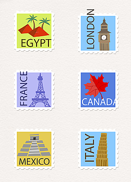 6款不同国家标志性邮票素材