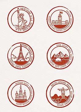 红色圆形世界建筑邮票元素
