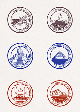 彩色圆形城市建筑邮票图标