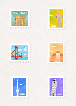 彩色小清新风格旅游邮票元素