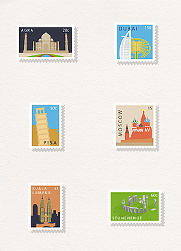 6款卡通世界标志性建筑邮票元素