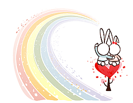 坐在爱心上的小白兔和彩虹桥矢量图