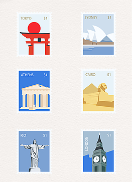 小清新卡通标志性建筑矢量邮票元素