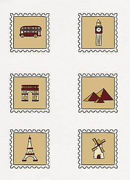 6款复古世界标志性建筑邮票元素