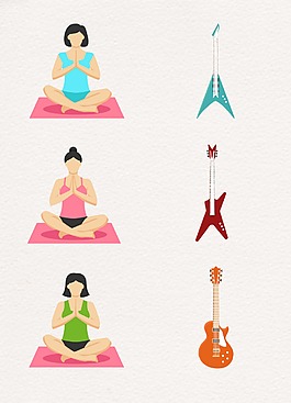 卡通人物女性瑜伽吉他