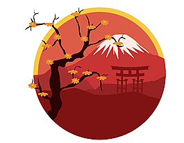 手绘中国风月光中的高山与梅花元素