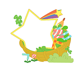 手绘箩筐里的彩色铅笔和五角星元素