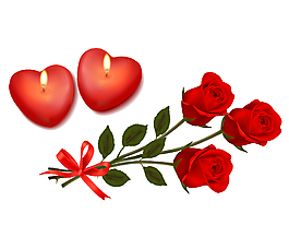 浪漫爱心蜡烛和红色玫瑰矢量图