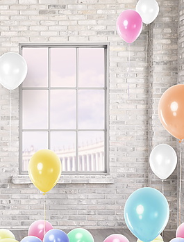 室内窗户多彩气球装饰海报背景设计