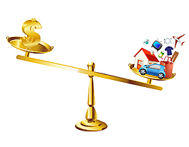 矢量盛放金币与房屋车子的天平