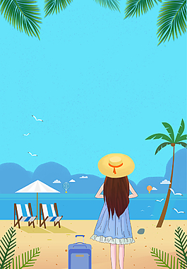 蓝色手绘女孩海滩你好夏天背景