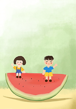 坐在西瓜上的男孩女孩初夏海报背景图