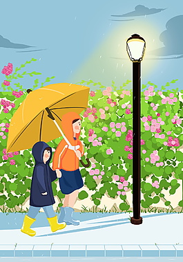 初夏花丛人物路灯海报背景图