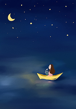 初夏夜空下的船只女孩海报背景图