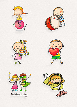 彩色手绘可爱儿童火柴人png素材