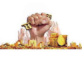 手握金钥匙与圆形金币PNG元素