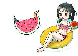 坐在游泳圈吃西瓜的女孩
