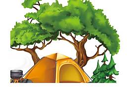 手绘绿色大树下的帐篷PNG元素