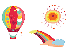 手绘卡通热气球太阳彩虹矢量元素