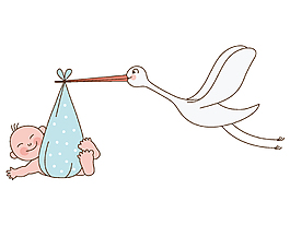 手绘卡通白鹤叼着婴儿矢量元素