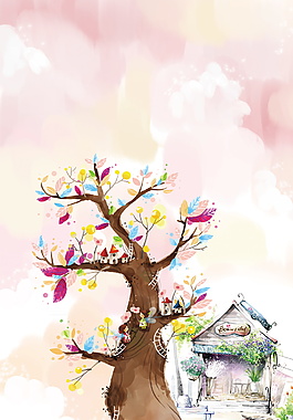 彩绘日系文艺彩色大树广告背景素材